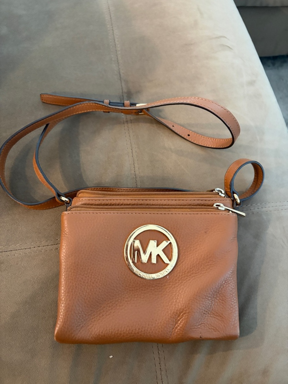 Michael Kors Brown Pebbled Leather Crossbody with Gold MK Logo